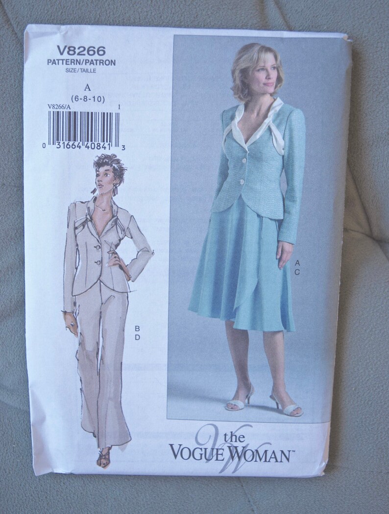 The Vogue Woman Easy Sewing Pattern Vogue 8266 Misses' Fitted Jacket, Wrap Skirt, and Pants UNCUT Factory Folds Sizes 6-8-10 image 2