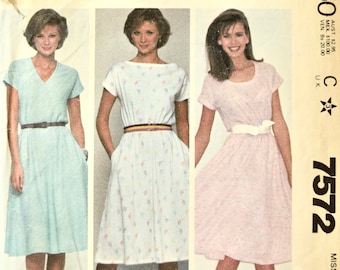 McCalls 7572 Sewing Pattern Vintage 1980s "Make it tonight, wear it tomorrow" Stretch Knit Pullover Dress with Short Sleeves Size Medium