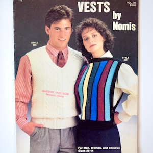 Vintage 1980s Knitting Pattern Booklet Vests by Nomis for Men, Women, and Children Stripes Argyles Cables