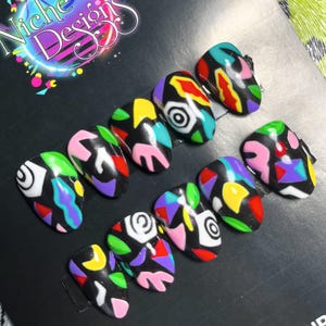Press on nails 80&#39;s inspired vintage stick on nails retro vintage print handpainted