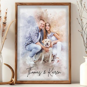Custom Watercolor Painting from Photo,Personalized Dog and Couple Portrait, Unique Gift Idea, Canvas Art Portrait, Wedding Anniversary Photo