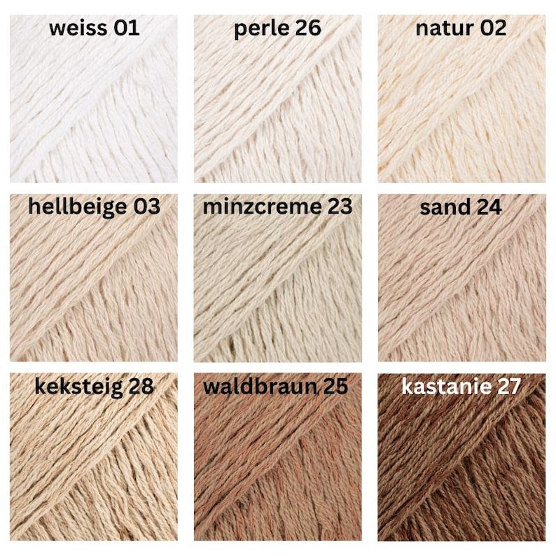 May include: A collection of nine yarn samples in various colors. The colors include white, cream, beige, and shades of brown. Each sample has a label with a color name and number. The yarn is tightly wound, showing the texture of the fibers.