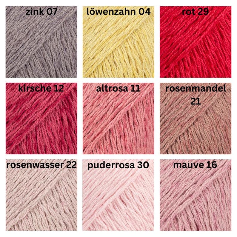 May include: Nine skeins of yarn in various colors, including gray, yellow, red, and shades of pink. Each skein is labeled with a color name and number. The image showcases a range of hues suitable for knitting or crochet projects.