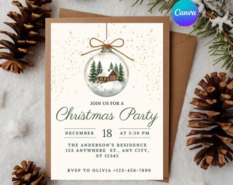 May include: Christmas party invitation with a watercolor illustration of a cabin in a snow globe. The invitation is on a cream-colored card with the text "Join us for a Christmas Party" and event details.