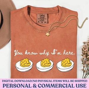 Può includere: Una t-shirt a maniche corte color ruggine con la scritta bianca "You know why I'm here." sopra un disegno di tre uova ripiene. La maglietta presenta un'etichetta Comfort Colors all'interno del collo ed è mostrata con una collana a stella dorata.
