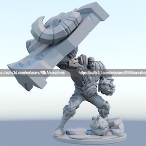 a white and gray figurine holding a large object