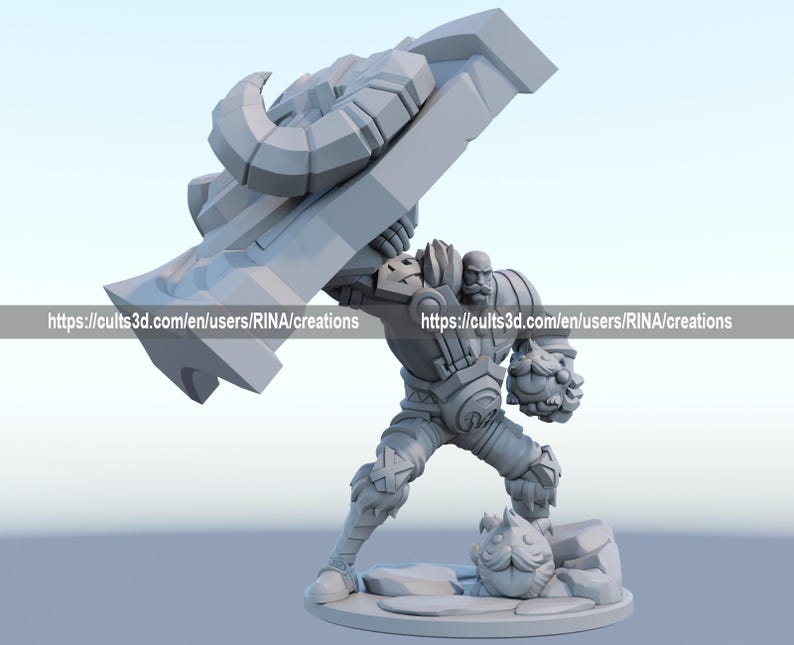 a white and gray figurine holding a large object