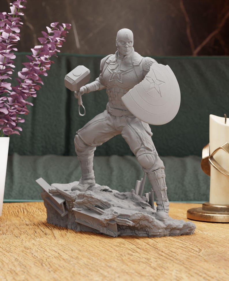 a statue of a man holding a hammer on a table