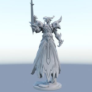 May include: A white 3D printed miniature of a fantasy warrior figure with horns, armor, and a sword. The figure is standing on a circular base.
