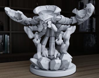 May include: A gray, detailed, 3D printed miniature of a creature with multiple legs and a large head. The creature is standing on a base of rocks.