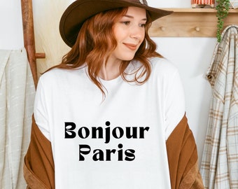 Camisa Bonjour Paris, Camisa Paris França, Estilo Parisiense, Língua Francesa, Camisas para Professores de Francês, Camisas para Estudar no Exterior na França, Camisas Nice Rennes Normandia