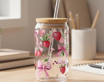 Coquette Aardbeienbeker Sipperglas Cottagecore Esthetische koffie Glazen deksel en rietje Kersenbeker Geschenken koffieliefhebber Zomerbekers