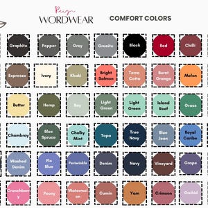 May include: A colour chart titled "Comfort Colors" by Reign Wordwear, displaying a grid of colour swatches. Each swatch is labelled with a colour name, including shades of blue, green, red, and neutral tones like black and white.