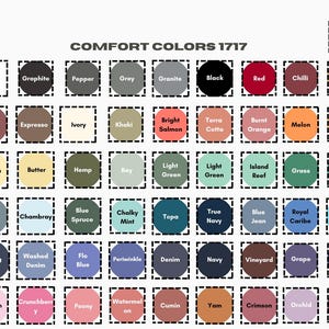 Puede incluir: Una carta de colores para camisetas Comfort Colors 1717, que presenta una cuadr&iacute;cula de muestras circulares con etiquetas que incluyen White, Graphite, Pepper, Grey, Granite, Black, Red, Chilli, Mustard, Brick, Expresso, Ivory, Khaki, Bright Salmon, Terra Cotta, Burnt Orange, Melon, Citrus, Banana, Butter, Hemp, Bay, Light Green, Island Reef, Grass, Seaform, Ice Blue, Chambray, Blue Spruce, Chalky Mint, Topa, True Navy, Blue Jean, Royal Caribe, Lagoon Blue, Midnight, Washed Denim, Flo Blue, Periwinkle, Denim, Navy, Vineyard, Grape, China Blue, Blossom, Crunchberry, Peony, Watermelon, Cumin, Yam, Crimson, Orchid, Berry y Mystic Blue.