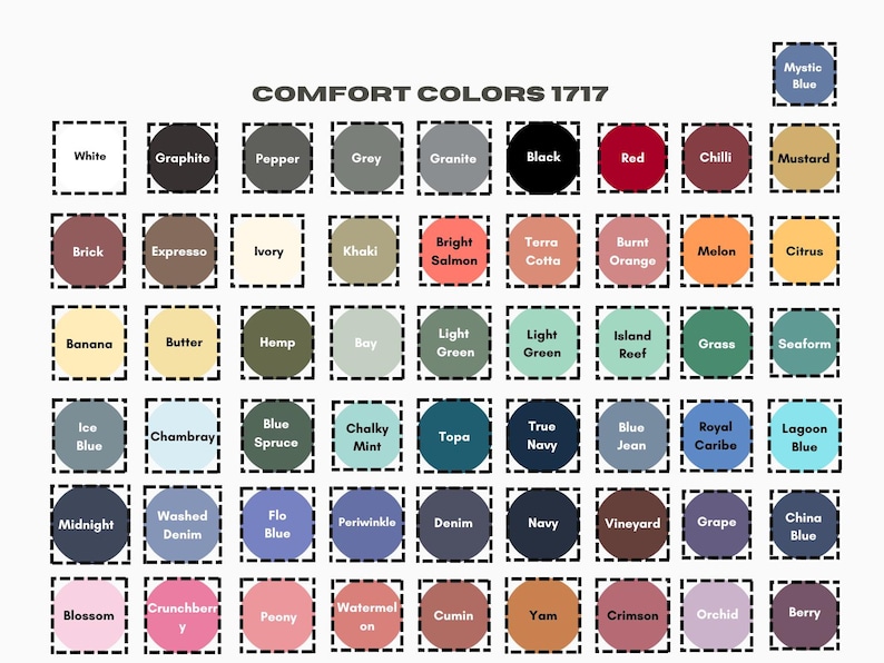 Puede incluir: Una carta de colores para camisetas Comfort Colors 1717, que presenta una cuadr&iacute;cula de muestras circulares con etiquetas que incluyen White, Graphite, Pepper, Grey, Granite, Black, Red, Chilli, Mustard, Brick, Expresso, Ivory, Khaki, Bright Salmon, Terra Cotta, Burnt Orange, Melon, Citrus, Banana, Butter, Hemp, Bay, Light Green, Island Reef, Grass, Seaform, Ice Blue, Chambray, Blue Spruce, Chalky Mint, Topa, True Navy, Blue Jean, Royal Caribe, Lagoon Blue, Midnight, Washed Denim, Flo Blue, Periwinkle, Denim, Navy, Vineyard, Grape, China Blue, Blossom, Crunchberry, Peony, Watermelon, Cumin, Yam, Crimson, Orchid, Berry y Mystic Blue.
