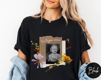 Gepersonaliseerde vintage foto- en jaarshirt T-shirts met aangepaste foto's Aangepaste fotoshirts voor verjaardag Vintage verjaardagscadeaus Fotocollage-shirt Comfortkleur