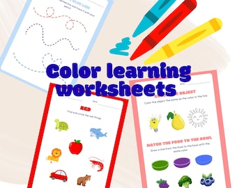 May include: Educational color learning worksheets with red, blue, and yellow crayons. The worksheets feature tracing lines, identifying red objects, and matching colors to objects. The text "Color learning worksheets" is displayed in blue.