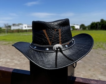 Handcrafted Black Cowboy Hat with Crocodile Embossed Western Style Genuine Premium Leather Hats For Men and Women Halloween Australian Style