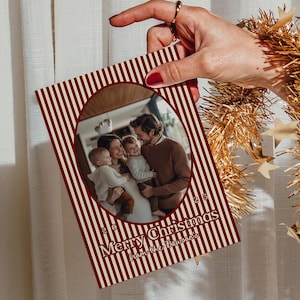 Christmas Card with Family Photo Template, Family Photo Holiday Card, Striped Christmas Card, Bow Christmas Card, Retro Christmas Card
