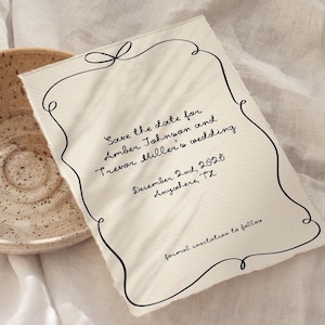 Handschriftliche Save The Date Einladung Vorlage Skurrile Hochzeit Stationäre Wavy Bow Border Hand gezeichnet schrullig bearbeitbarer digitaler Download