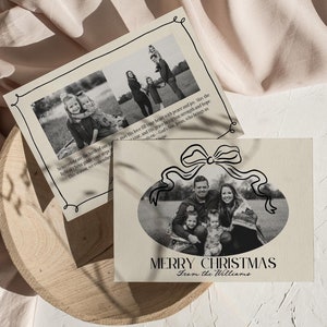 Cartão de Natal com modelo de foto de família, cartão de férias com foto de família, cartão de Natal com laço, laço desenhado à mão, cartão de Natal com foto, editável