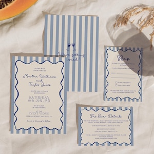 Wedding Invitation Suite Template, Modern Striped Wedding Invite Set, Whimsical Wedding Suite, Wavy Invitation, Illustrated Invite