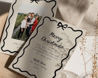 Handwritten Christmas Card Template for Holiday Card with Family Photo on Backside Editable Christmas Card Whimsical Hand Drawn Border