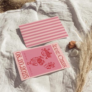 May include: Pink and red save the date card with the text "Addlie & Chris" and "08.20.2025" with a floral design.