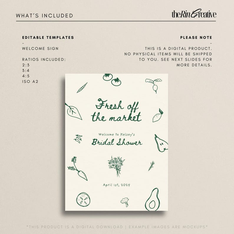 May include: A printable bridal shower invitation with a green and white color scheme. The invitation features a hand-drawn illustration of vegetables and the text "Fresh off the market" and "Welcome to Kelsey's Bridal Shower". The date of the shower is April 1st, 2025.