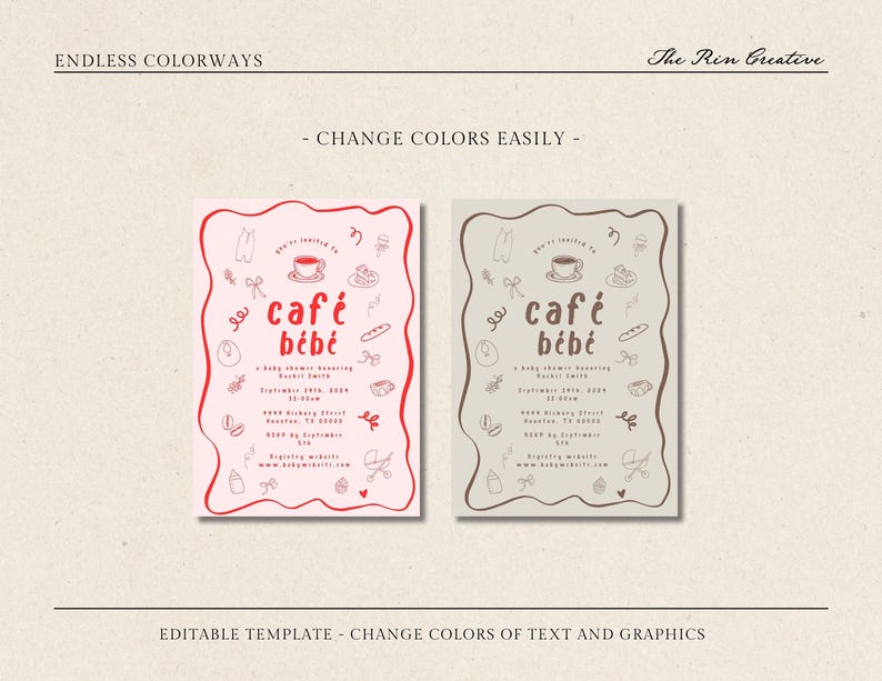 Editable Baby Shower Invitation Template Café Bébé Coffee Theme Whimsical Wavy Border Customizable Printable Digital Download 5x7 Fun Modern image 3