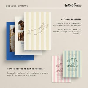 May include: A set of wedding invitation templates with a striped background. The templates feature a variety of colors, including blue, yellow, pink, and green. The text on the templates reads "We're getting married!" and "Sophia Carter & Daniel Martinez".