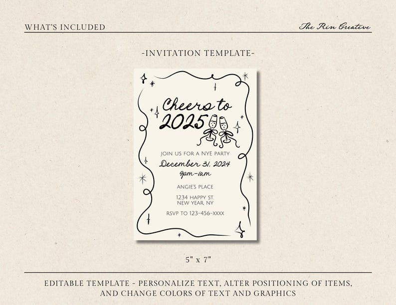 NYE Party Invitation Template, New Year's Eve 2025 Invite, Cheers to 2025, Happy New Year, Champagne Toasting NYE, Bow NYE Party Invitation image 2