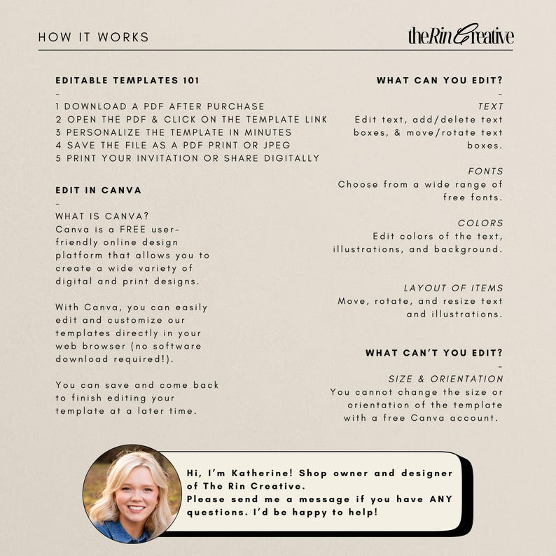 May include: A white and black graphic with text that says "How It Works" and "Editable Templates 101". The graphic explains how to use a downloadable template to create an invitation in Canva. The graphic also includes a photo of a woman with the text "Hi, I'm Katherine! Shop owner and designer of The Rin Creative. Please send me a message if you have ANY questions. I'd be happy to help!"