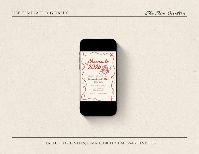 NYE Party Invitation Template, New Year's Eve 2025 Invite, Cheers to 2025, Happy New Year, Champagne Toasting NYE, Bow NYE Party Invitation image 5