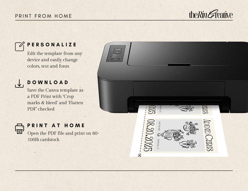 May include: A black and white illustration of a floral arrangement with the text "ADDIE CHRIS" and "08.20.2025" printed on a white sheet of paper. The paper is being fed into a black printer.