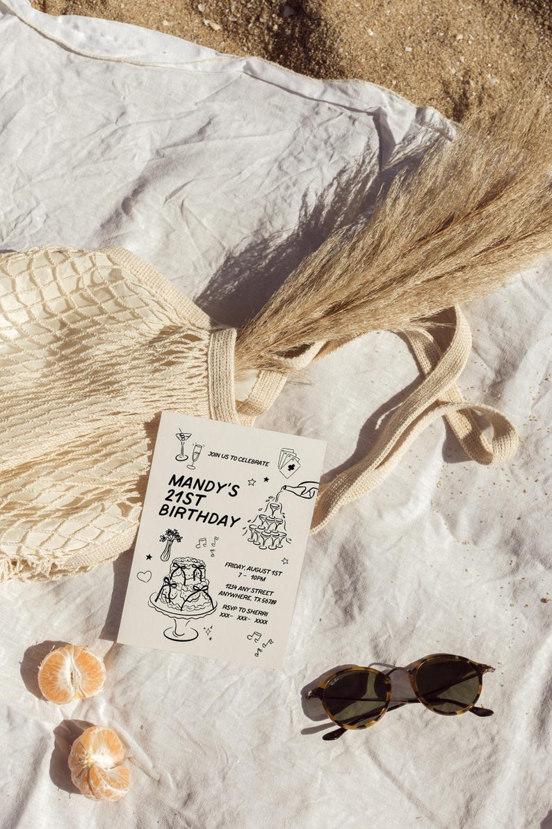 Editable Birthday Invitation Template, Girly Birthday Invite, Hand Drawn Birthday Invite, Any Age Birthday Invitation, Trendy Illustrative image 6