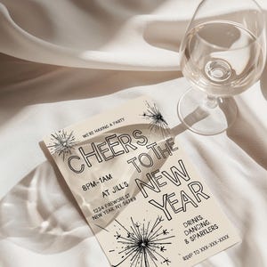 New Year's Eve Party Invitation Template, Cheers to the New Year, Cheers to 2025, NYE Invitation, Whimsical Holiday Invitation, Editable