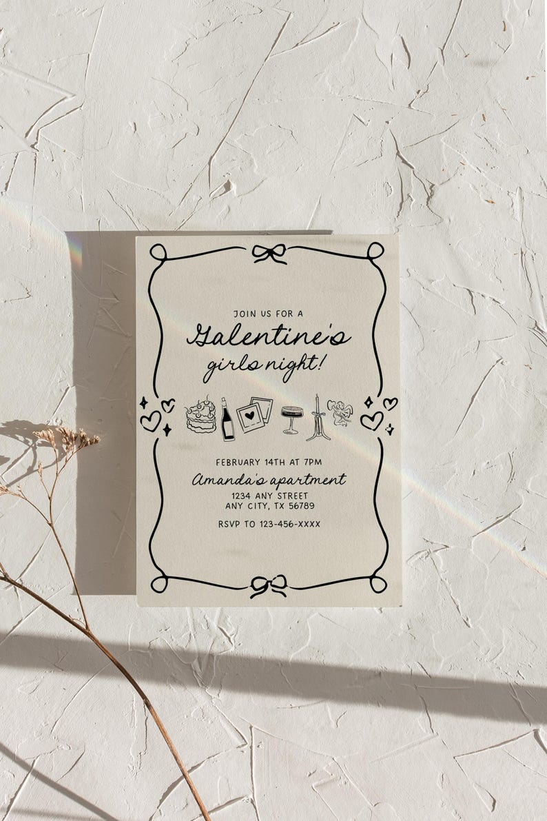 Galentine's Day Party Invitation Template, Girly Galentine's Invite, Galentine Invite with Bows, Galentine's Girls Night, Whimsical Invite image 1