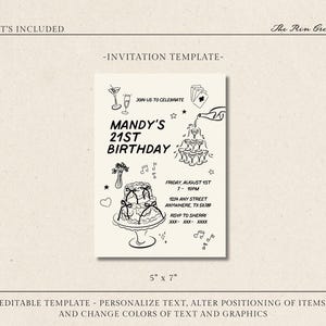 Editable Birthday Invitation Template, Girly Birthday Invite, Hand Drawn Birthday Invite, Any Age Birthday Invitation, Trendy Illustrative image 2