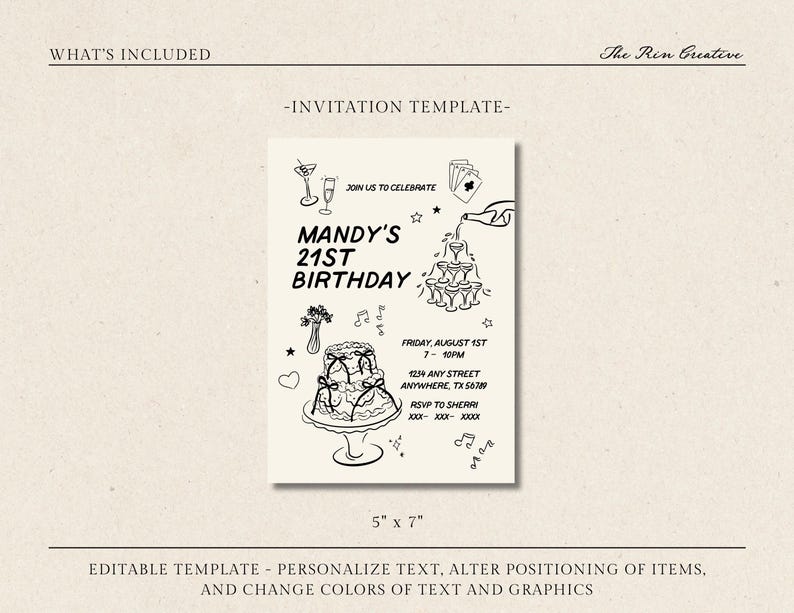 Editable Birthday Invitation Template, Girly Birthday Invite, Hand Drawn Birthday Invite, Any Age Birthday Invitation, Trendy Illustrative image 2