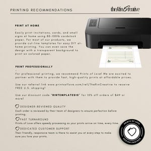 Pu&ograve; includere: Raccomandazioni di stampa per inviti, biglietti e cartelli. Stampa a casa o utilizza Prints of Love per una stampa professionale. Utilizza il codice sconto "RINTEMPLATES10" per uno sconto del 10% sugli ordini di 49 &euro; o pi&ugrave;.