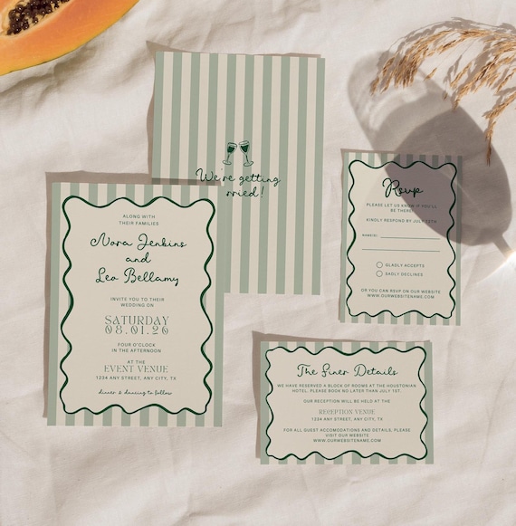 Wedding Invitation Suite Template, Modern Wedding Invite Set, Whimsical Wedding Suite, Wavy Invitation for Wedding, Illustrated Invite