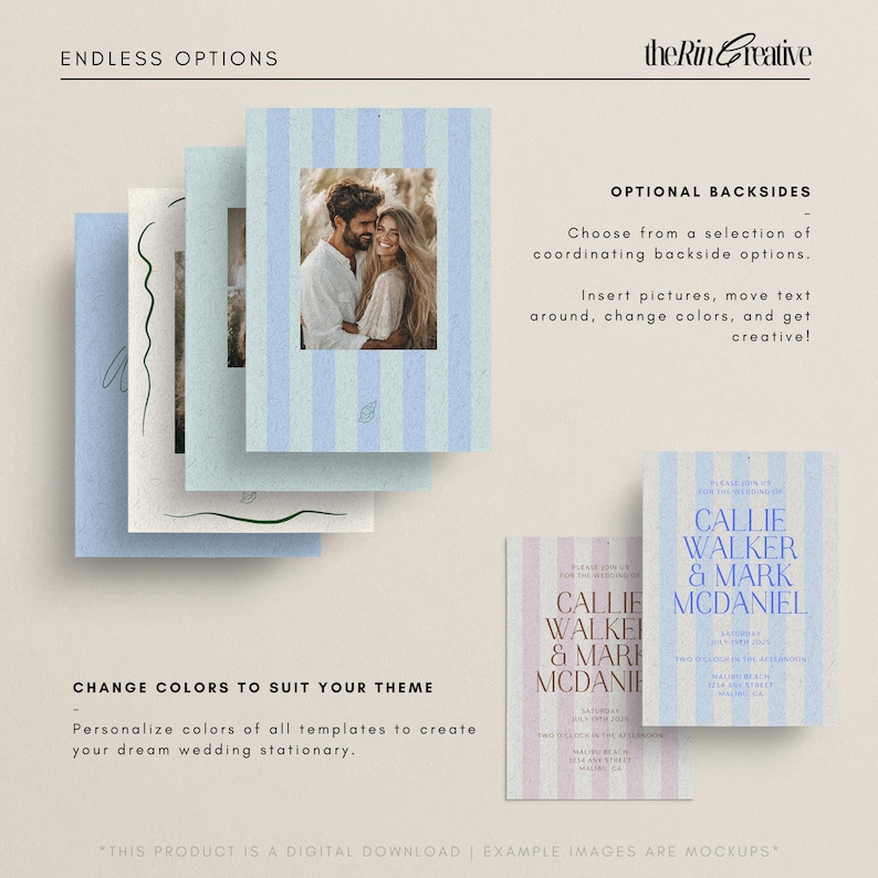 Wedding Invitation Template, Wedding Invite Set, Wedding Stationary Bundle, Whimsical Wedding, Striped Invite, Handwritten Invitation image 3