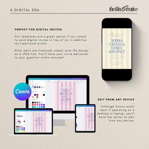 May include: A digital invitation template for a wedding with a pink and white striped background. The text "Sophia Carter & Daniel Martinez" is in blue text. The template is being edited on a computer screen using Canva.
