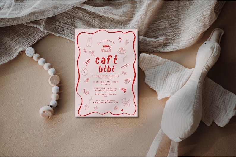 Editable Baby Shower Invitation Template Café Bébé Coffee Theme Whimsical Wavy Border Customizable Printable Digital Download 5x7 Fun Modern image 6