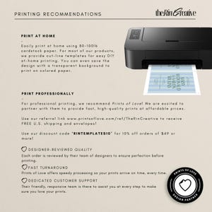 May include: Printing recommendations for home and professional printing.  The text mentions using 80-100lb cardstock paper, cut-line templates, and a transparent background.  It also recommends Prints of Love for professional printing, with a referral link and discount code.  The image includes a printer, a printed card, and a logo for Prints of Love.
