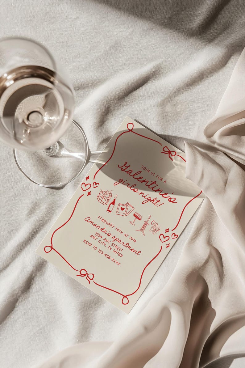 A Galentine Girls Night Invitation card. The design features hand drawn illustrations, including a heart-shaped cake, wine bottle, polaroid pictures, ribbed wine glass, taper candles, cupid, hearts and bows. The font looks handwritten.