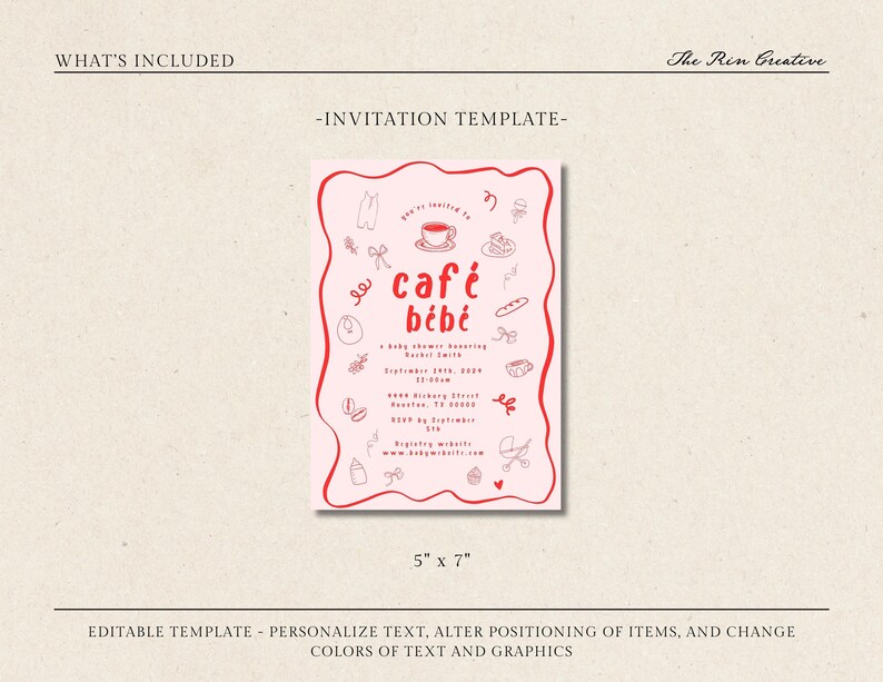 Editable Baby Shower Invitation Template Café Bébé Coffee Theme Whimsical Wavy Border Customizable Printable Digital Download 5x7 Fun Modern image 2