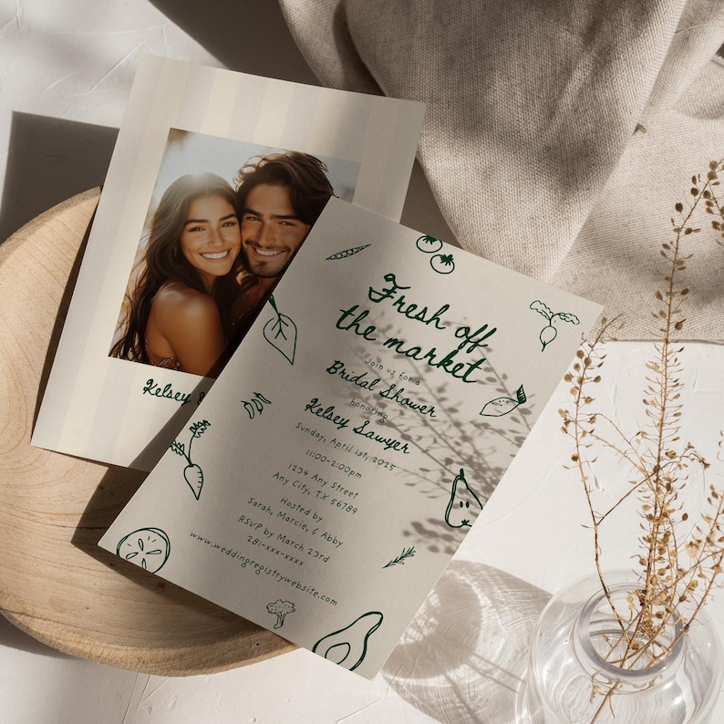 May include: A beige bridal shower invitation with green illustrations of vegetables and the text "Fresh off the market" and "Kelsey Sawyer".
