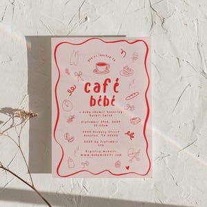 Editable Baby Shower Invitation Template Café Bébé Coffee Theme Whimsical Wavy Border Customizable Printable Digital Download 5x7 Fun Modern